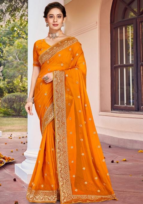 Mustard Zarkan Stone Border Georgette Saree Set