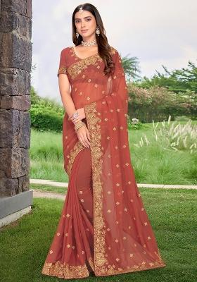 Rust Sequin Stone Border Georgette Saree Set