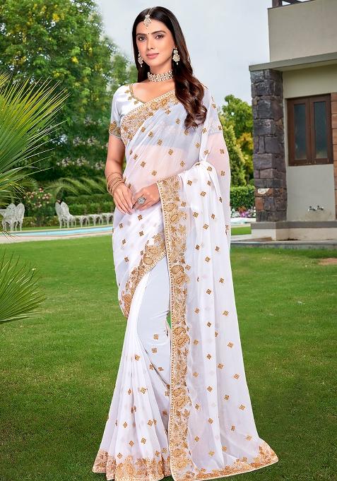 White Sequin Stone Border Georgette Saree Set