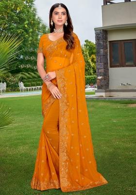 Mustard Sequin Stone Border Georgette Saree Set