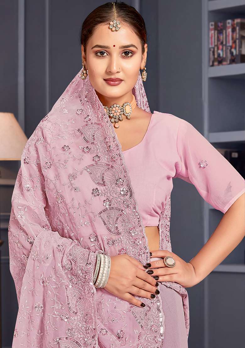 Lavender Border Georgette Saree Set with Embroidered & Sequin for Diwali | Wedding & Festive Wear - Indya