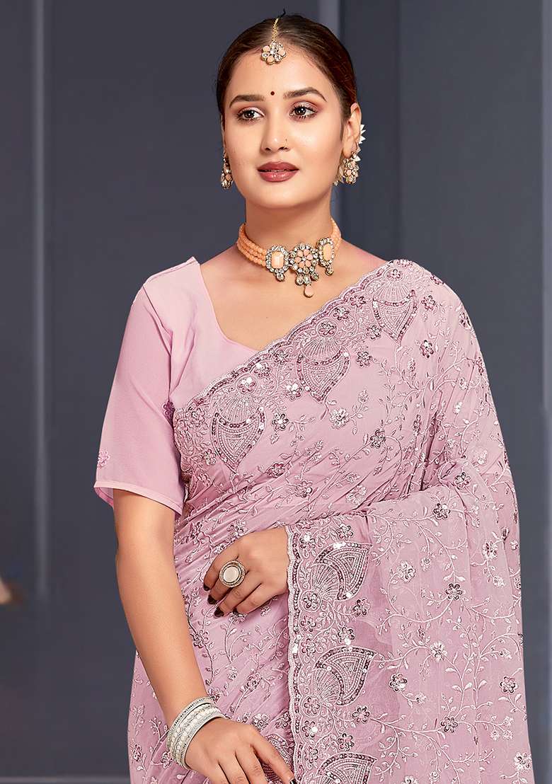 Lavender Border Georgette Saree Set with Embroidered & Sequin for Diwali | Wedding & Festive Wear - Indya