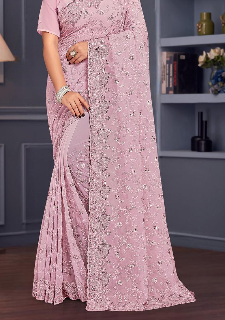 Lavender Sequin Embroidered Border Georgette Saree Set - Indya