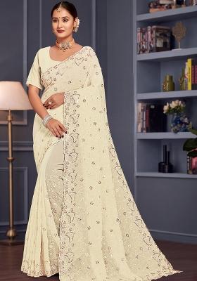 Off White Sequin Embroidered Border Georgette Saree Set