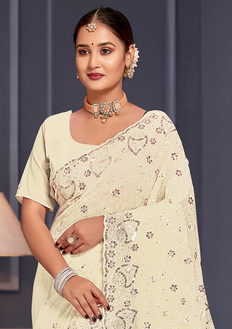 Off White Sequin Embroidered Border Georgette Saree Set