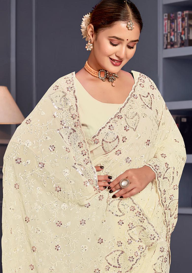 Off White Sequin Embroidered Border Georgette Saree Set