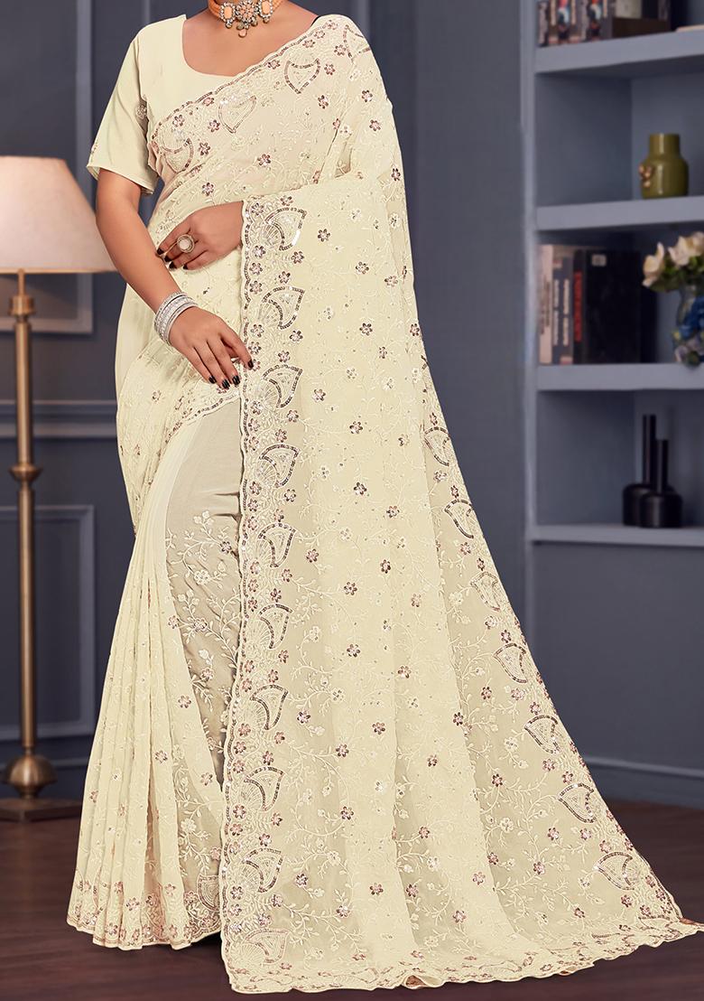 Off White Sequin Embroidered Border Georgette Saree Set - Indya