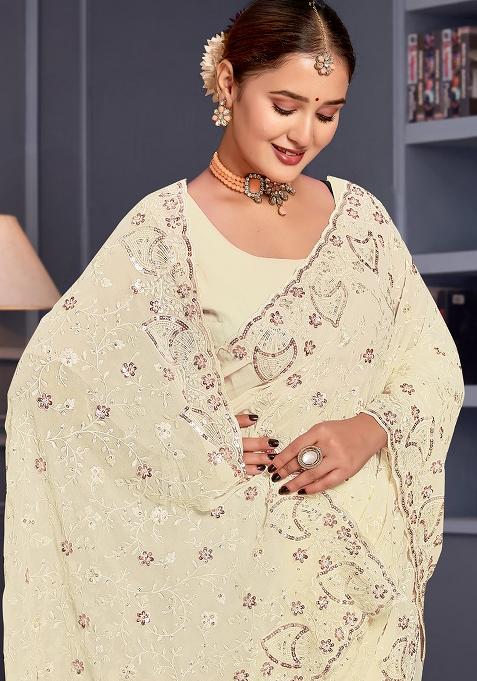 Off White Sequin Embroidered Border Georgette Saree Set