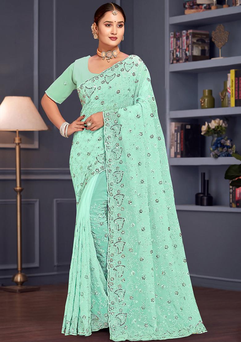 Sea Green Sequin Embroidered Border Georgette Saree Set