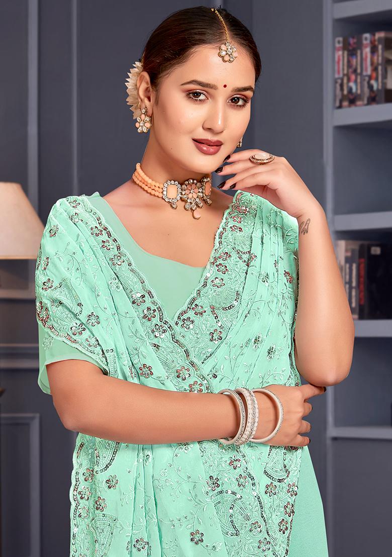 Sea Green Sequin Embroidered Border Georgette Saree Set