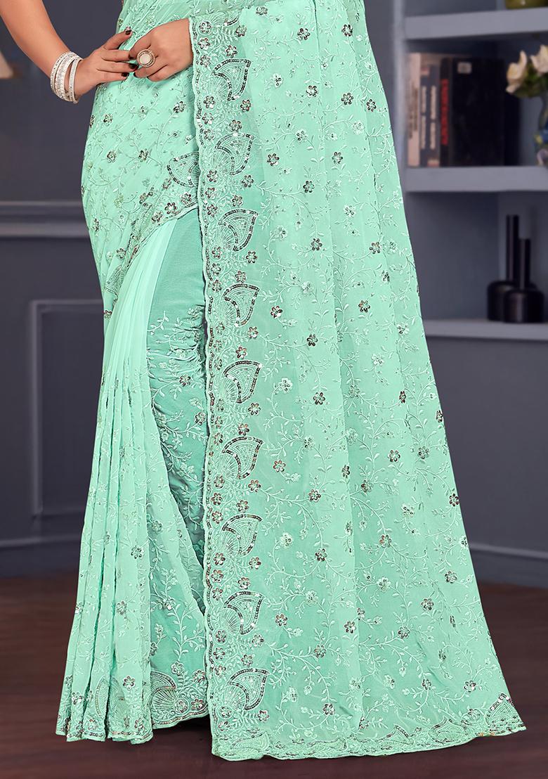 Sea Green Sequin Embroidered Border Georgette Saree Set