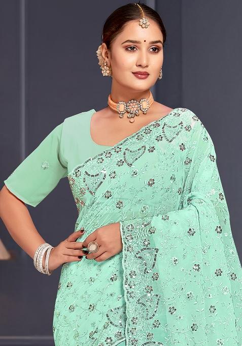 Sea Green Sequin Embroidered Border Georgette Saree Set