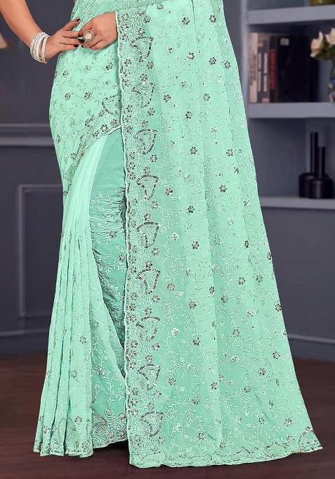 Sea Green Sequin Embroidered Border Georgette Saree Set