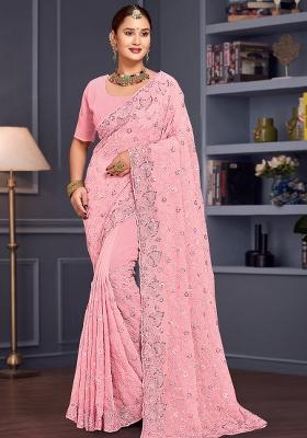 Pink Sequin Embroidered Border Georgette Saree Set