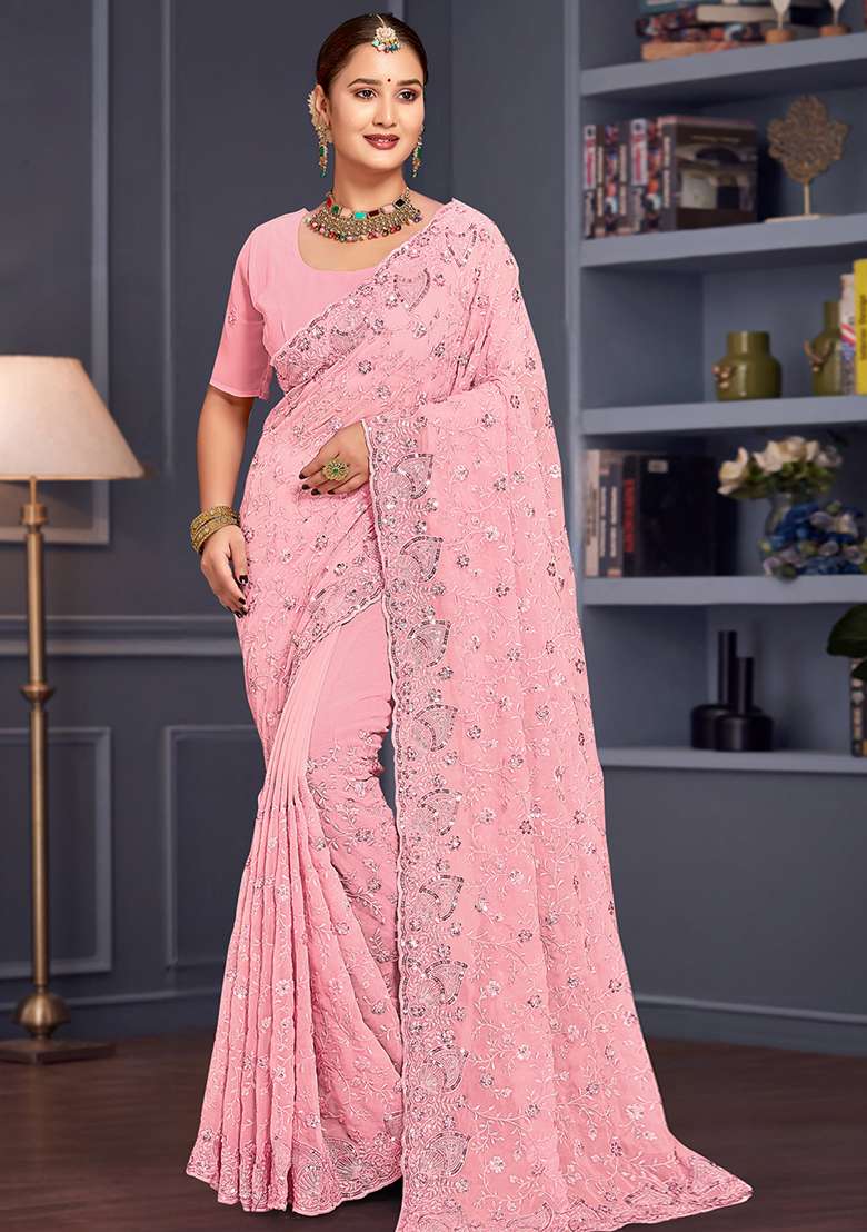 Pink Border Georgette Saree Set with Embroidered & Sequin for Diwali | Wedding & Festive Wear - Indya