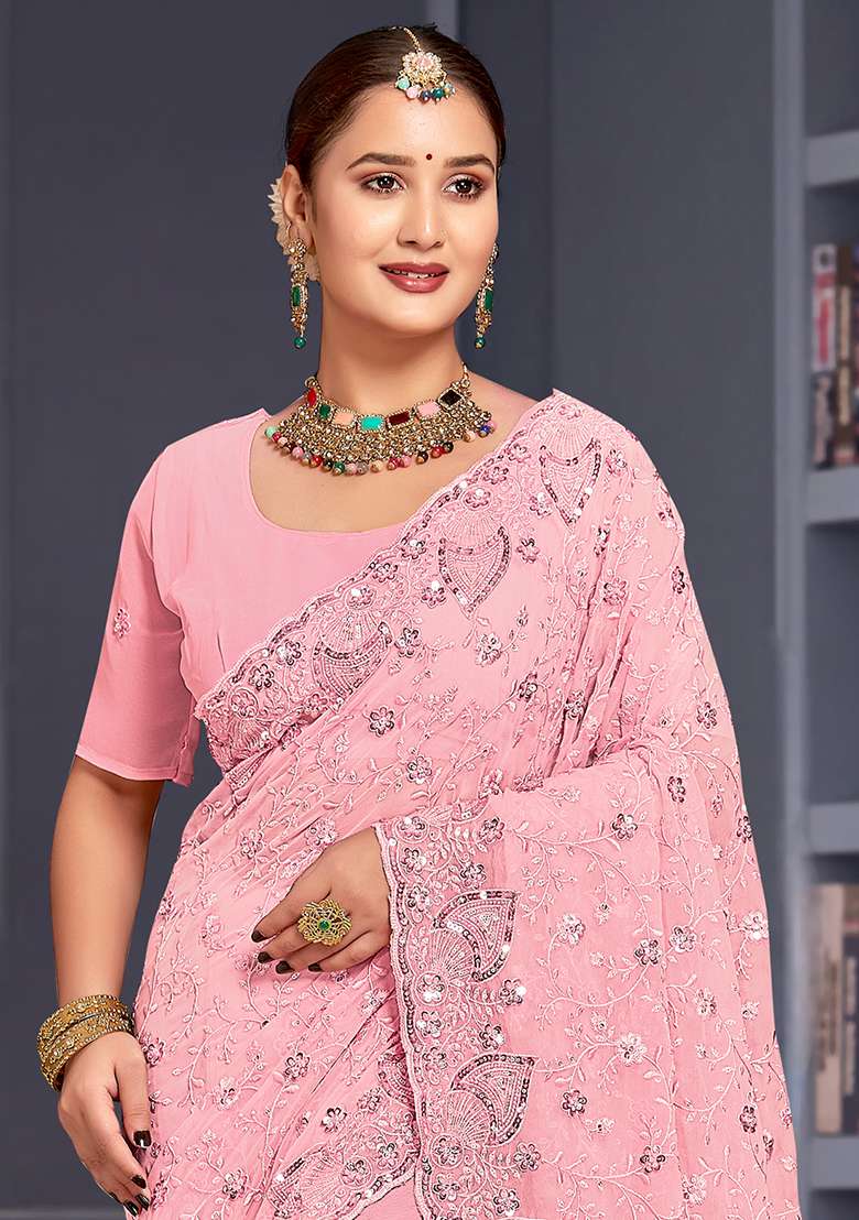 Pink Border Georgette Saree Set with Embroidered & Sequin for Diwali | Wedding & Festive Wear - Indya