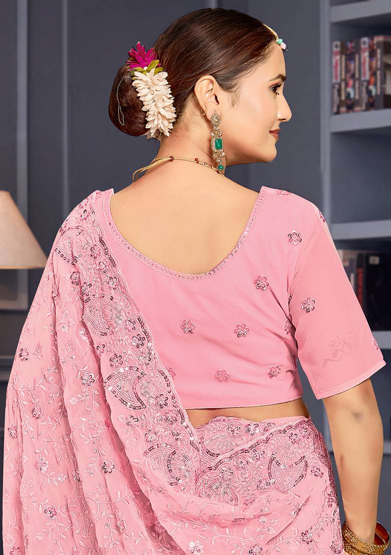 Pink Border Georgette Saree Set with Embroidered & Sequin for Diwali | Wedding & Festive Wear - Indya