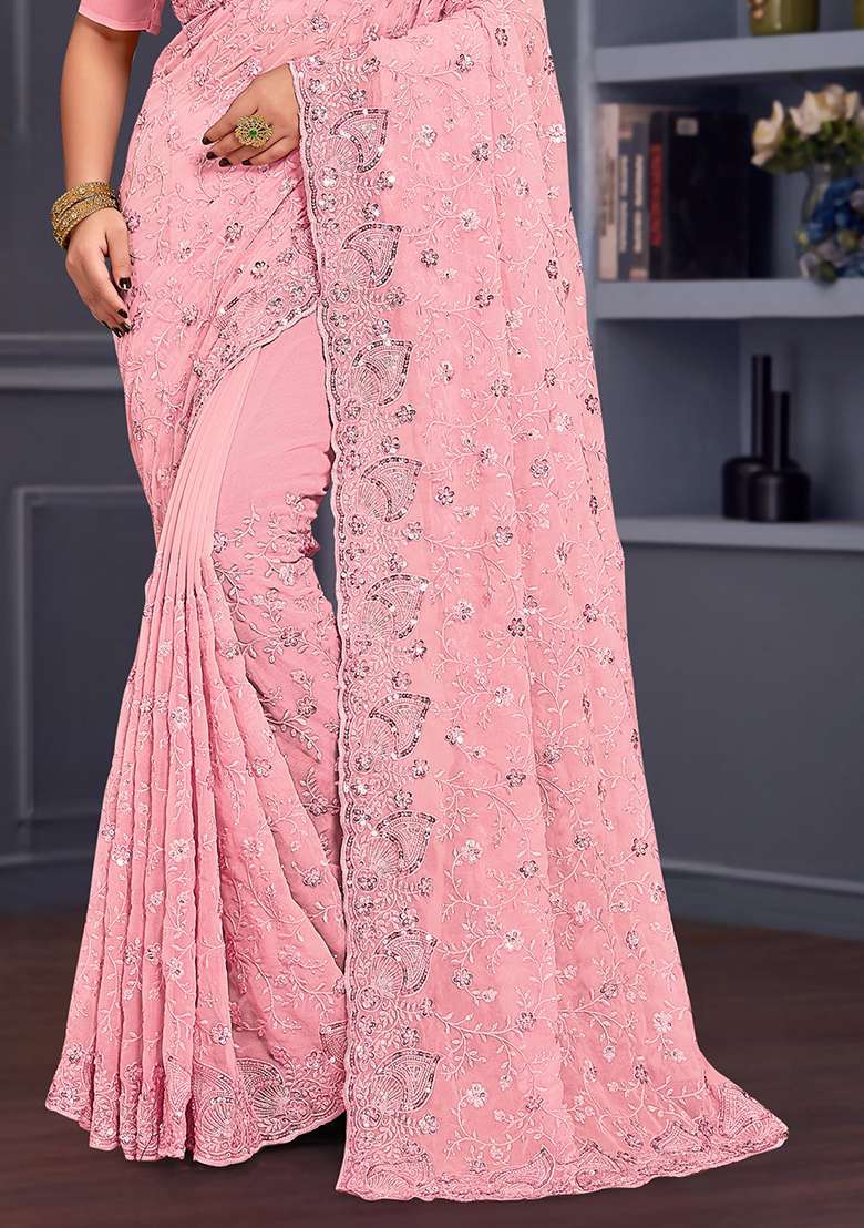 Pink Border Georgette Saree Set with Embroidered & Sequin for Diwali | Wedding & Festive Wear - Indya