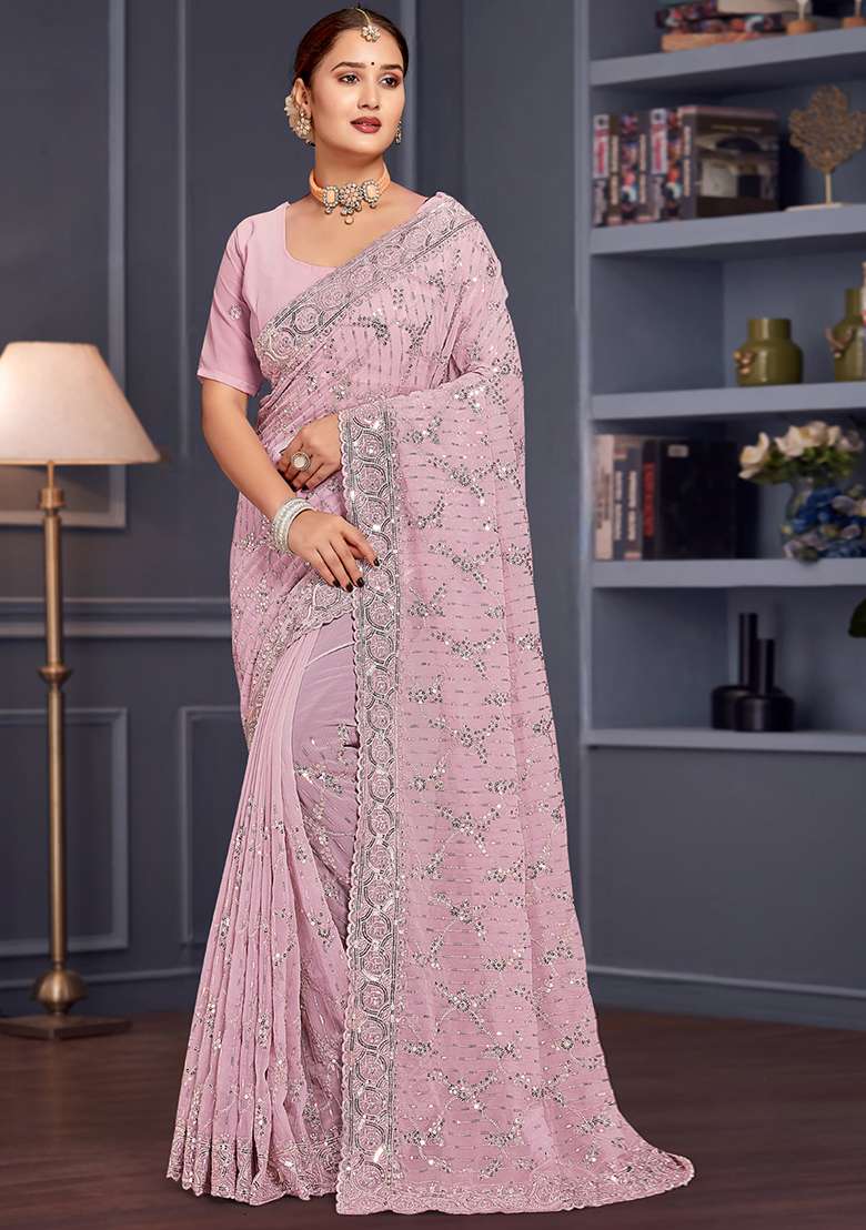 Lavender Border Georgette Saree Set with Embroidered & Sequin for Diwali | Wedding & Festive Wear - Indya
