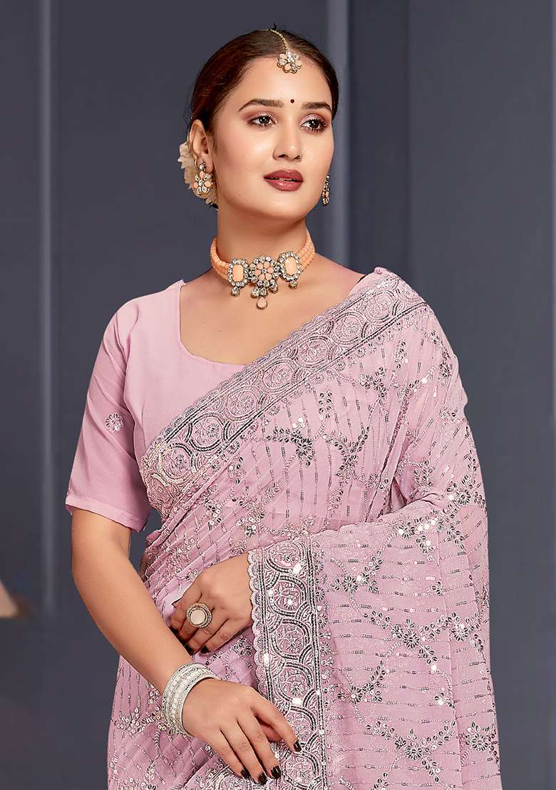Lavender Border Georgette Saree Set with Embroidered & Sequin for Diwali | Wedding & Festive Wear - Indya