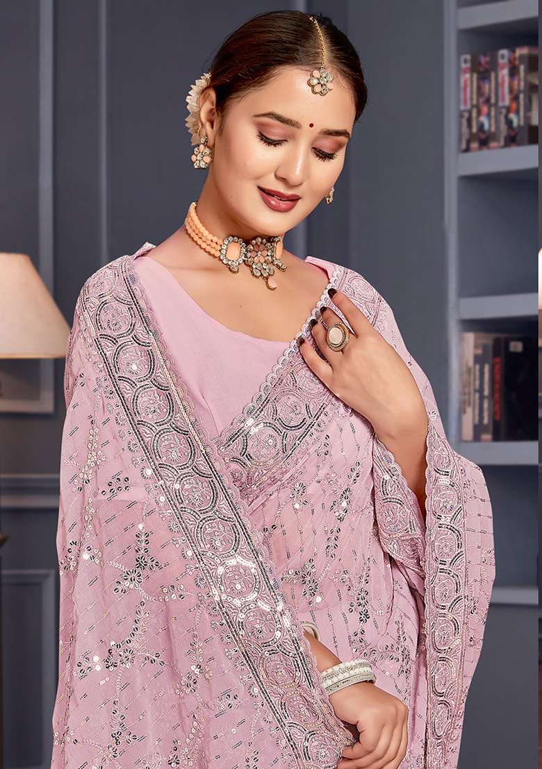 Lavender Border Georgette Saree Set with Embroidered & Sequin for Diwali | Wedding & Festive Wear - Indya