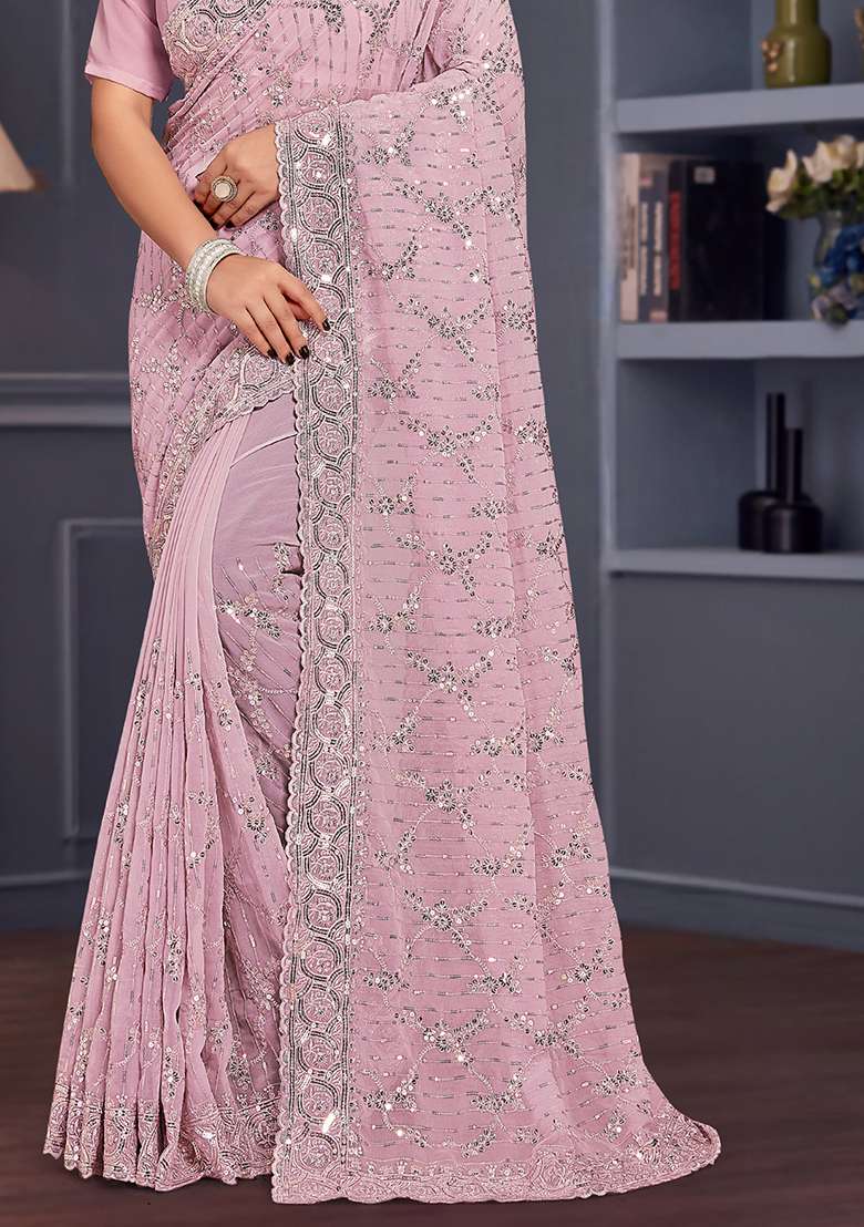 Lavender Border Georgette Saree Set with Embroidered & Sequin for Diwali | Wedding & Festive Wear - Indya