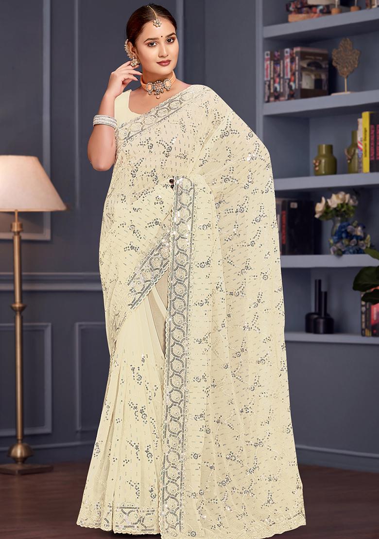Off White Sequin Embroidered Border Georgette Saree Set