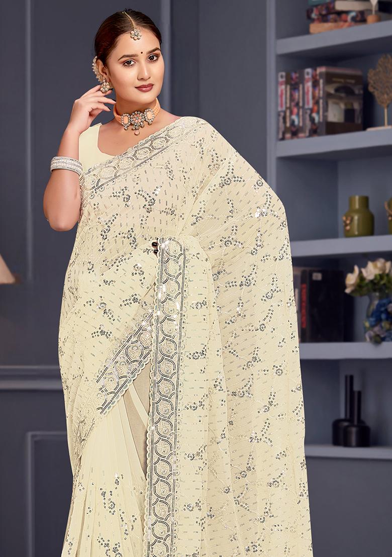 Off White Sequin Embroidered Border Georgette Saree Set