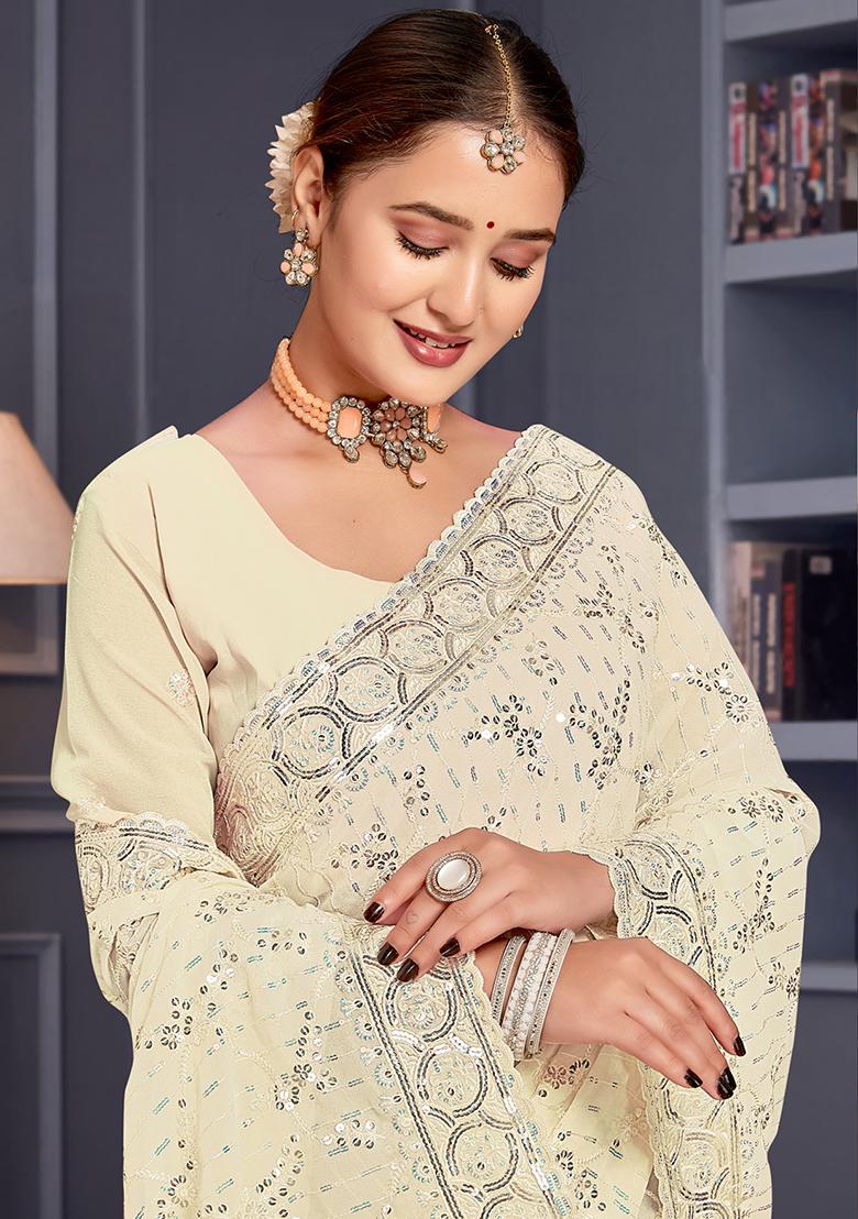 Off White Sequin Embroidered Border Georgette Saree Set