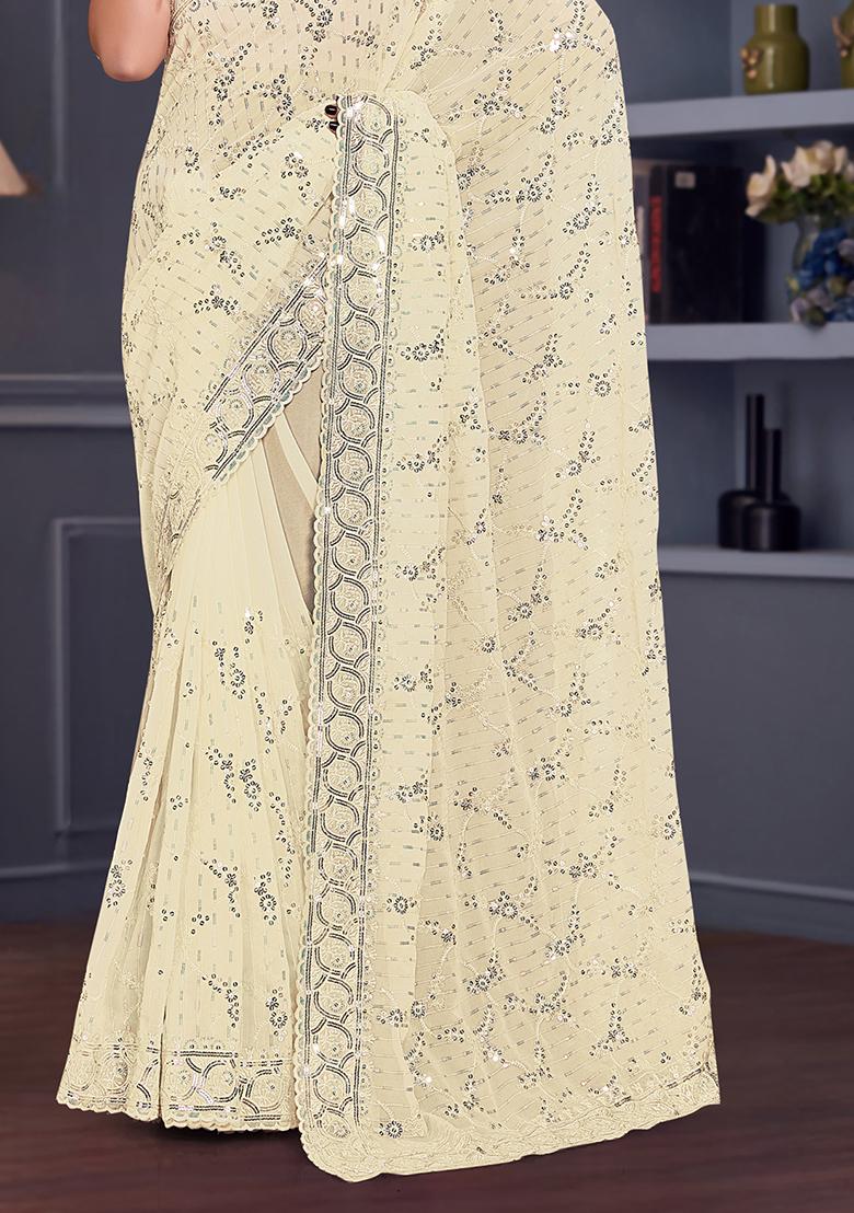 Off White Sequin Embroidered Border Georgette Saree Set - Indya