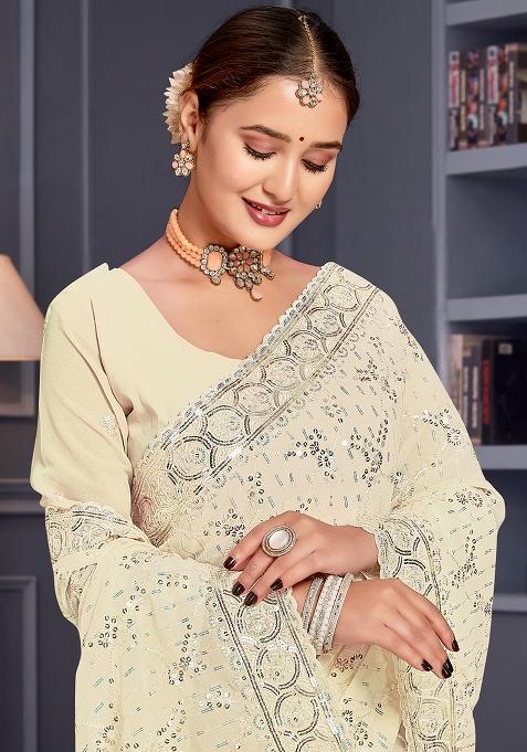 Off White Sequin Embroidered Border Georgette Saree Set
