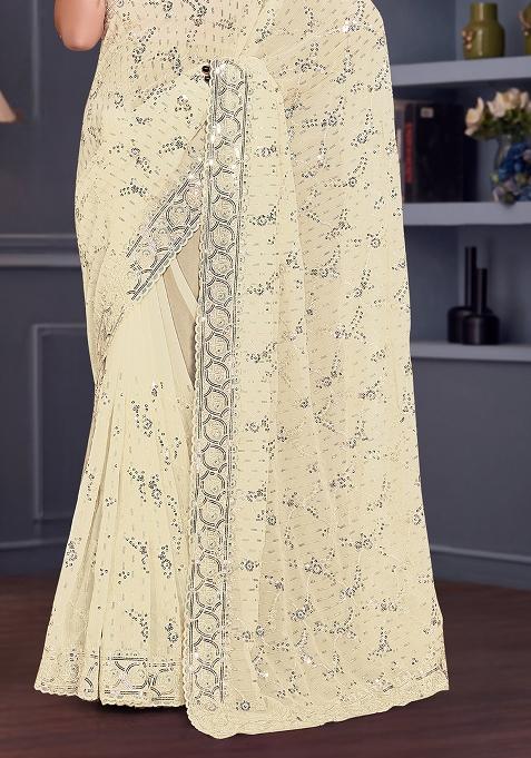Off White Sequin Embroidered Border Georgette Saree Set