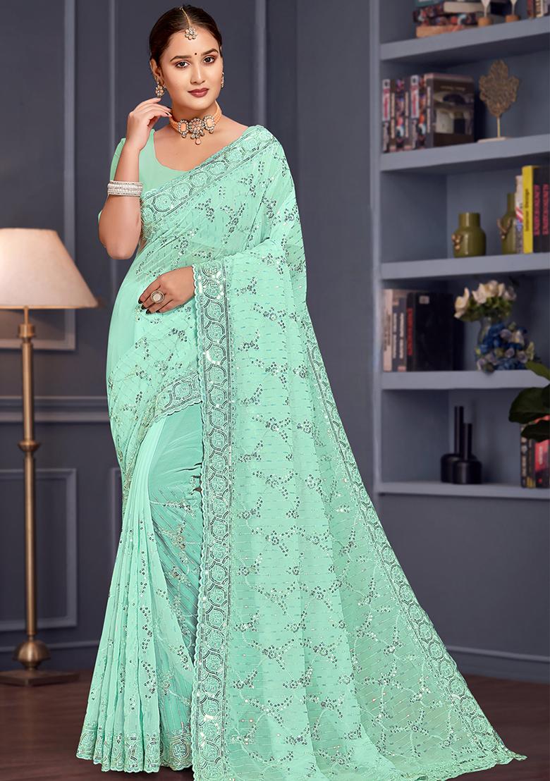 Sea Green Sequin Embroidered Border Georgette Saree Set