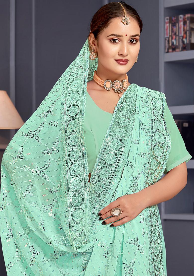 Sea Green Sequin Embroidered Border Georgette Saree Set