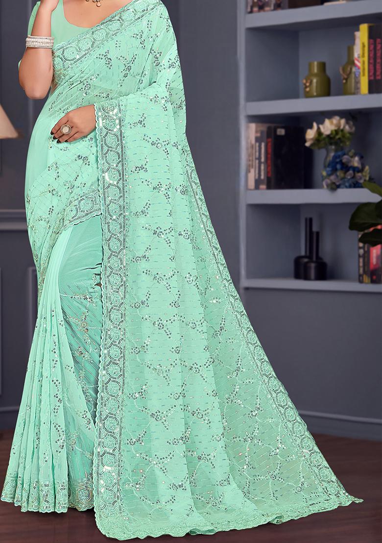 Sea Green Sequin Embroidered Border Georgette Saree Set