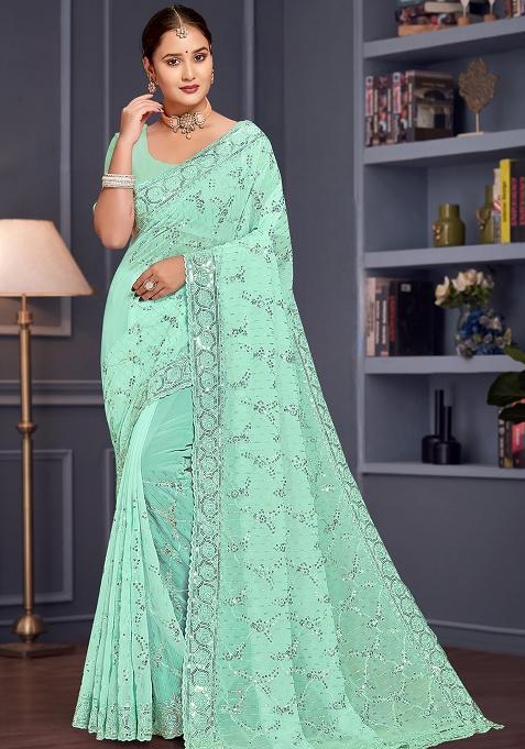 Sea Green Sequin Embroidered Border Georgette Saree Set