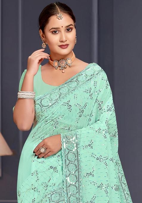 Sea Green Sequin Embroidered Border Georgette Saree Set