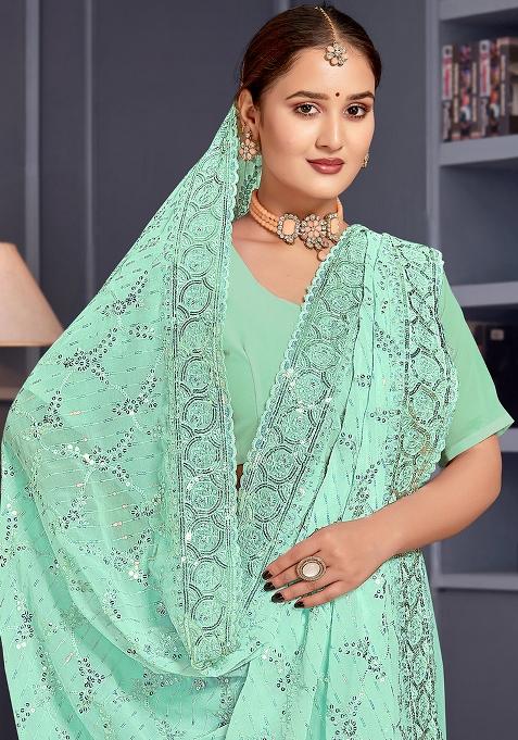 Sea Green Sequin Embroidered Border Georgette Saree Set