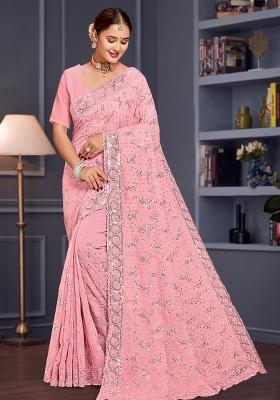 Pink Sequin Embroidered Border Georgette Saree Set