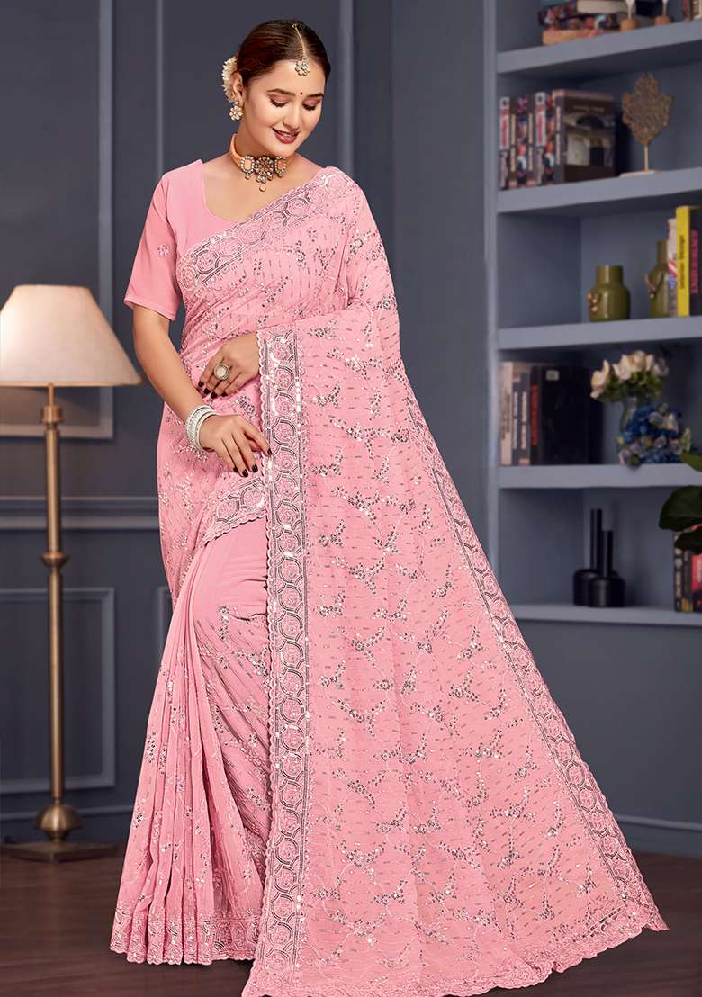 Pink Sequin Embroidered Border Georgette Saree Set for Diwali and Festive Wear - Indya