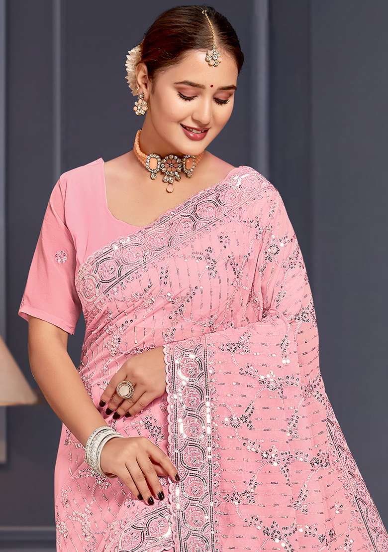 Pink Sequin Embroidered Border Georgette Saree Set for Diwali and Festive Wear - Indya