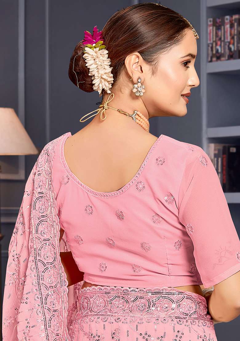 Pink Sequin Embroidered Border Georgette Saree Set for Diwali and Festive Wear - Indya