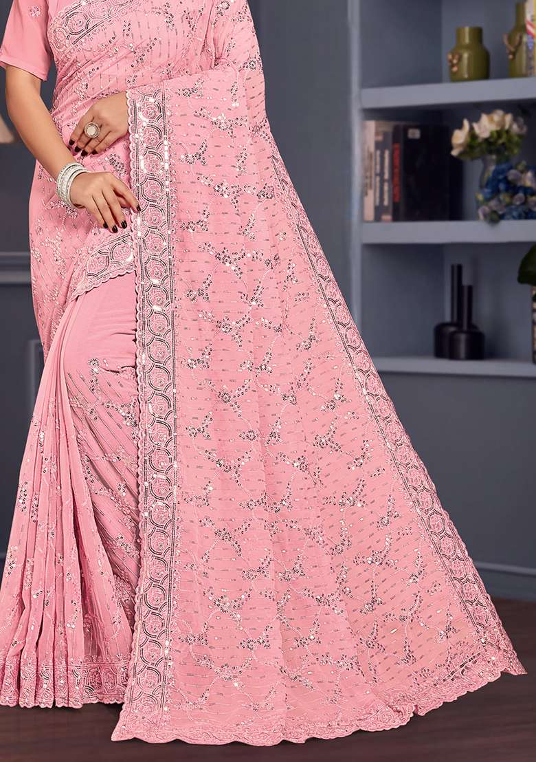 Pink Sequin Embroidered Border Georgette Saree Set for Diwali and Festive Wear - Indya