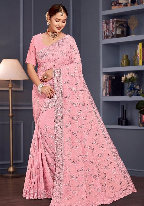 Pink Sequin Embroidered Border Georgette Saree Set