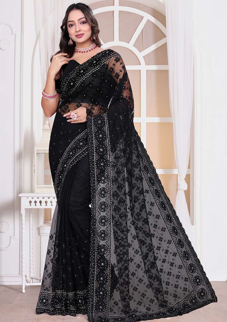 Black Sequin Embroidered Border Net Saree Set for Diwali and Festive Wear - Indya