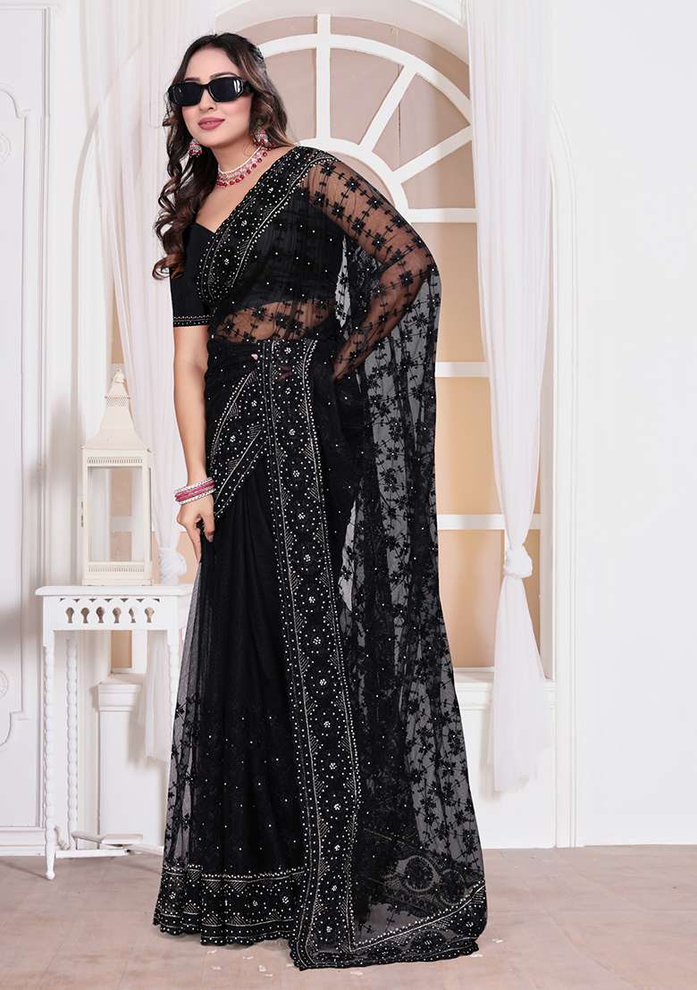 Black Sequin Embroidered Border Net Saree Set for Diwali and Festive Wear - Indya