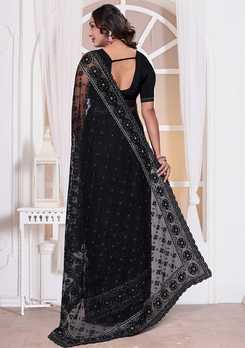Black Sequin Embroidered Border Net Saree Set for Diwali and Festive Wear - Indya