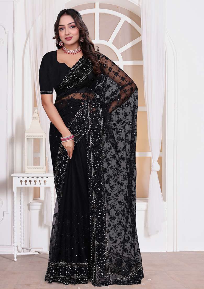 Black Sequin Embroidered Border Net Saree Set for Diwali and Festive Wear - Indya