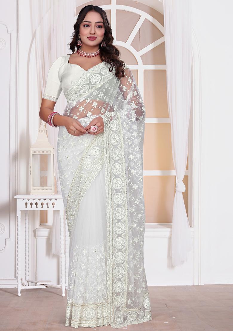 White Sequin Embroidered Border Net Saree Set