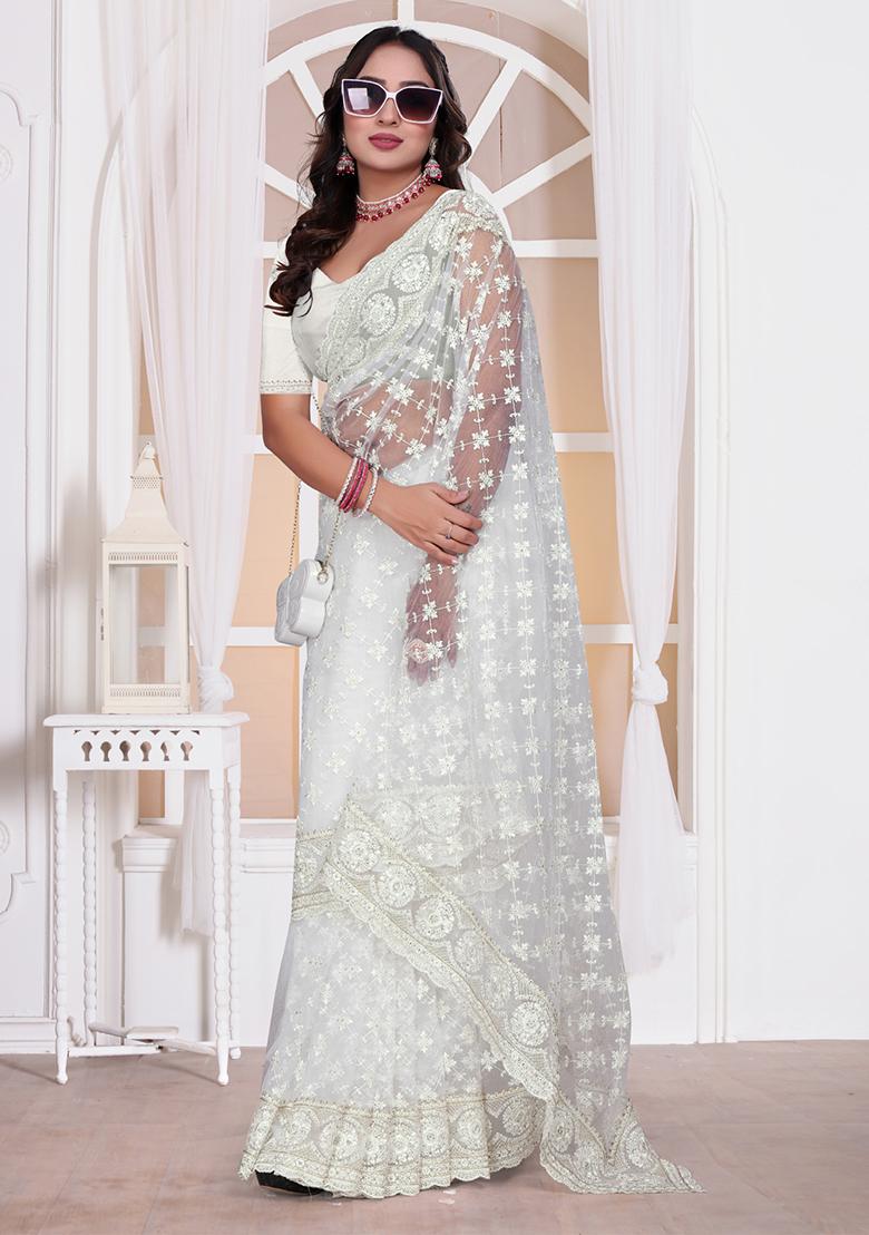 White Sequin Embroidered Border Net Saree Set